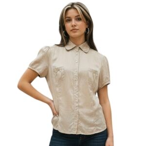 Le Chateau Blouse Silk Vintage Y2K Womens Medium 00s Office Siren Soft Champagne